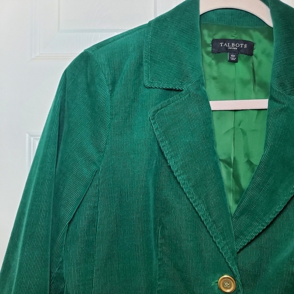 Talbots Corduroy Velvet Blazer Jacket Size 10P Emerald Green Gold Tone Horsebit - Picture 3 of 7